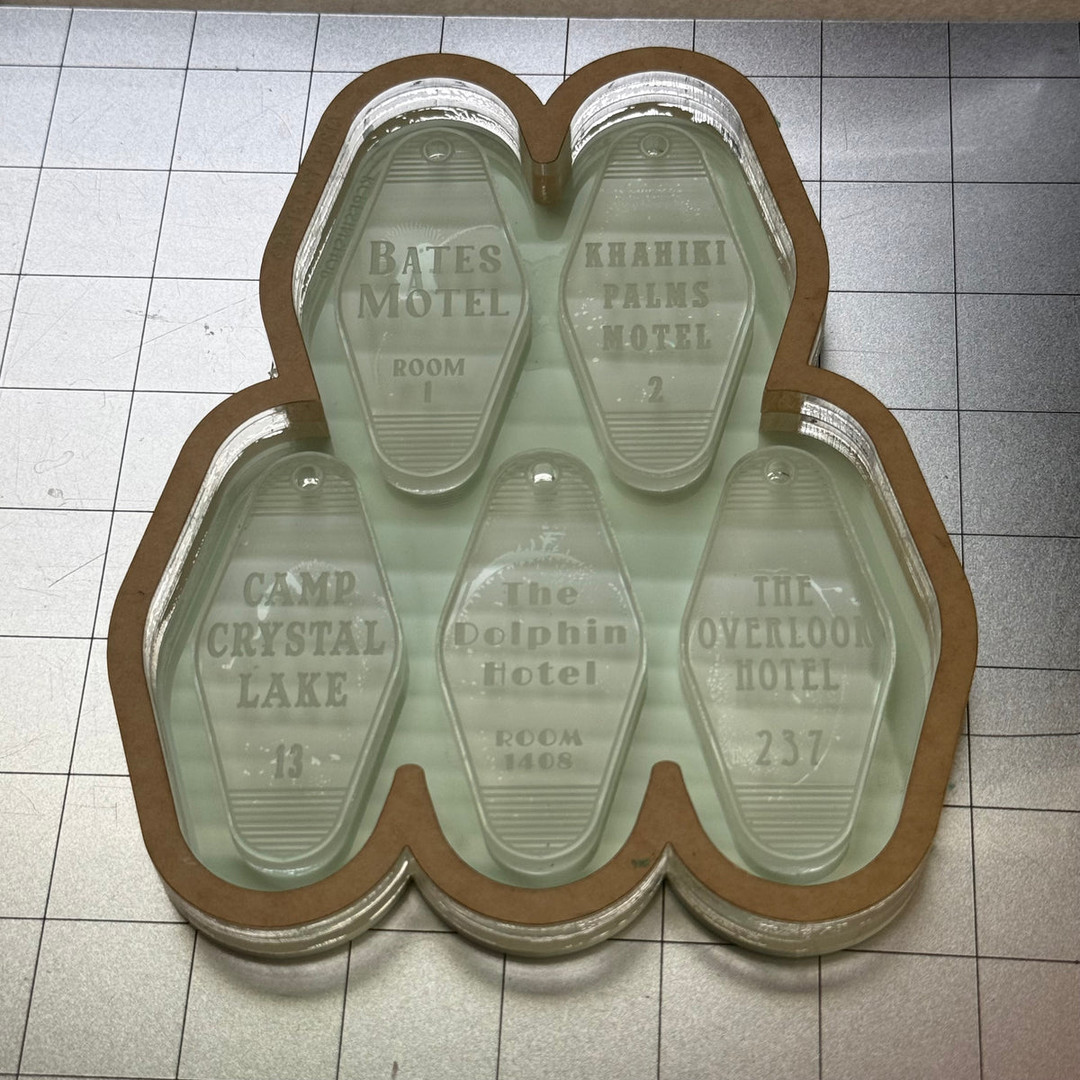 Used Motel Keychain Acrylic Blank for Mold Making with Attached Housing